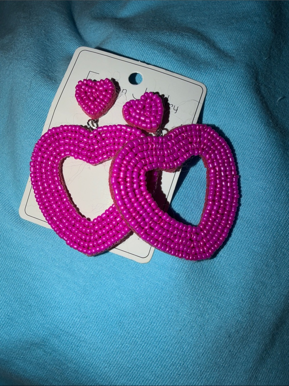 Hot Pink Beaded Heart Drop Earrings